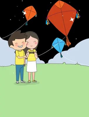 Couple standing on a green field flying colourful kites