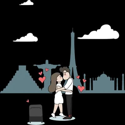 Couple embracing with a suitcase in front of world landmark silhouettes