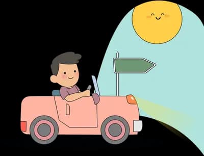 Boy driving a pink car past a signpost under a smiling sun