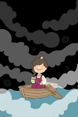 Girl rowing a small wooden boat across pale water