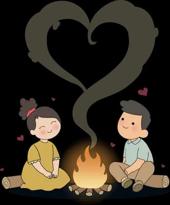 Couple sitting at a campfire whose smoke curls into a heart