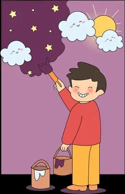 Boy painting over a purple night wall turning it into clouds and sunshine