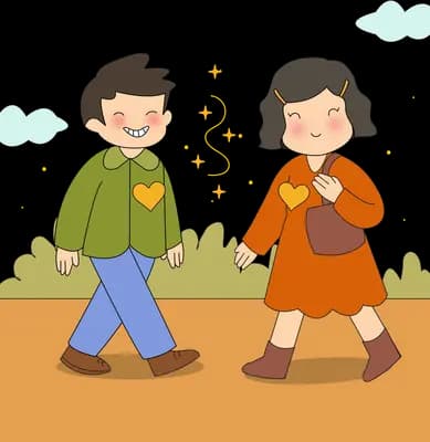 Man and woman walking away from each other in tears with hearts on their coats