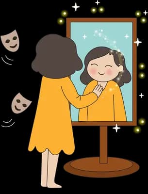 Woman at a lit dressing mirror while theatre masks float beside her