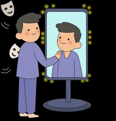 Man holding theatre masks at a lit dressing mirror showing a smiling reflection