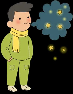 Man in a scarf breathing out a dark cloud that sparks and drops small orbs