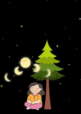 Girl sitting under a pine tree at night cradling a glowing lantern