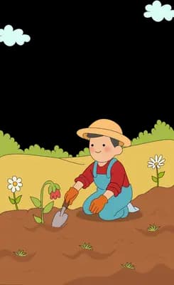 Boy in a straw hat kneeling to dig a garden bed with a trowel
