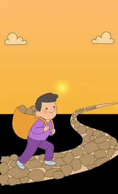 Girl carrying a heavy sack and a lantern up a rough rocky path