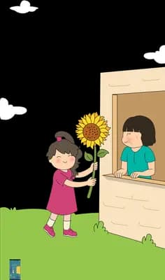 Girl handing a sunflower through a window to a boy inside