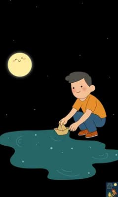 Boy crouching to drop a seed into a dark puddle under a small sun