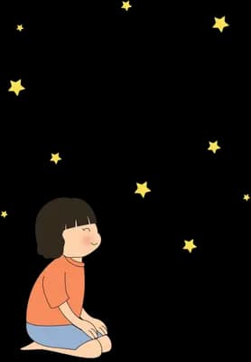 Small girl kneeling alone as golden petals float around her in a large empty field