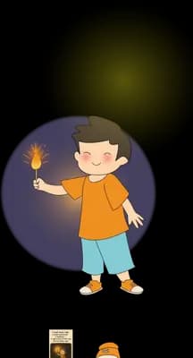 Boy holding a candle inside a dark circle with a large pale moon behind him