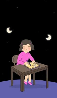 Girl sitting at a small desk writing on a purple rug