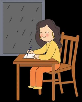 Woman writing at a wooden desk beside a window streaked with rain