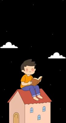 Boy sitting on the roof of a small house reading a book
