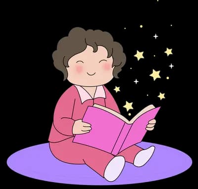 Girl sitting on a purple rug reading a pink book with music notes around her