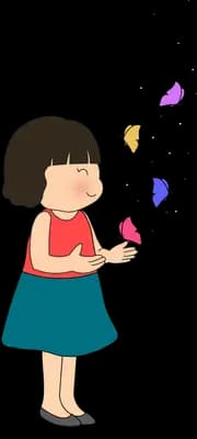 Girl in a teal skirt releasing small purple paper shapes into the air