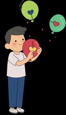 Man holding a red heart and two green balloons