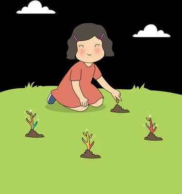 Girl kneeling on the grass planting a row of small saplings