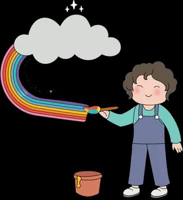Boy painting a rainbow onto a grey cloud with a brush and paint bucket