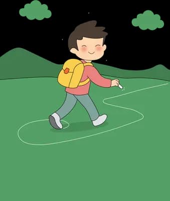 Boy with a backpack walking a winding path over a green hill
