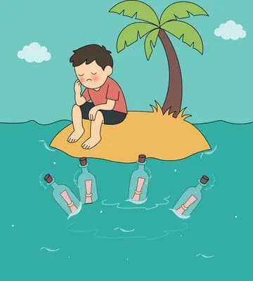 Boy paddling a small raft toward a palm island past floating message bottles