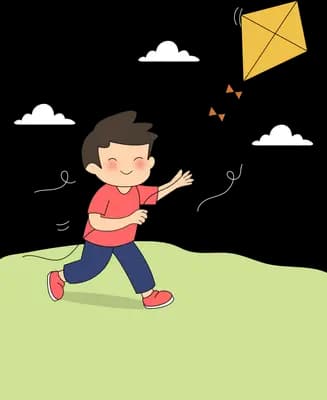 Boy running across a field flying a yellow kite
