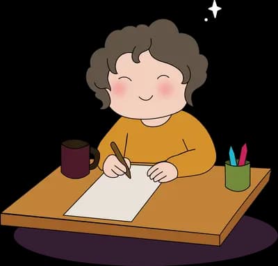 Girl writing on paper at a wooden table with an ink pot and pens