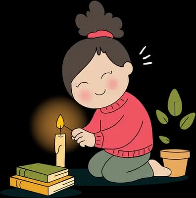 Girl lying on the floor by a lit candle with a stack of books and a potted plant