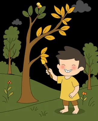 Boy lying on the grass under a yellow autumn tree holding up a leaf