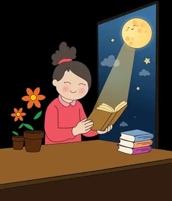 Girl reading a big book at a desk lit by moonlight through a night window