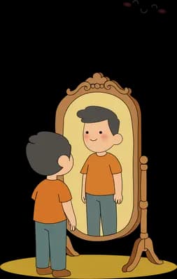 Boy standing before a tall mirror studying his own reflection