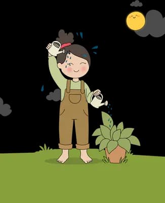 Girl in white watering a leafy plant on a green ledge under a small sun