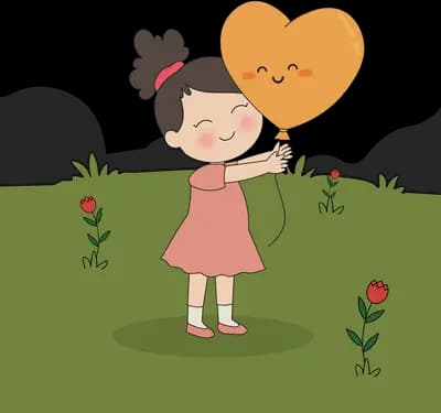 Girl in a pink dress holding an orange smiling heart balloon on a grassy field of roses
