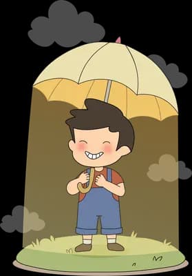 Boy with a backpack standing under a large yellow umbrella