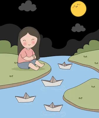 Girl sitting on a wooden jetty floating paper boats down a river under a smiling sun