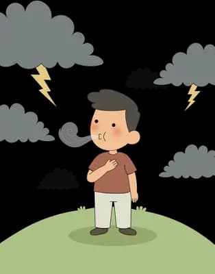 Worried man standing on a green hill under dark storm clouds shooting lightning