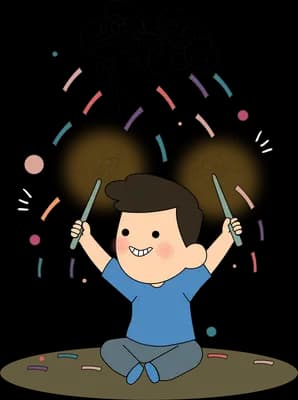 Boy kneeling and waving two lit sparklers as confetti falls from a grey cloud