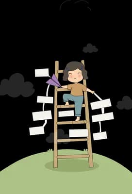 Girl on a wooden ladder pinning paper notes onto a board on a green hill