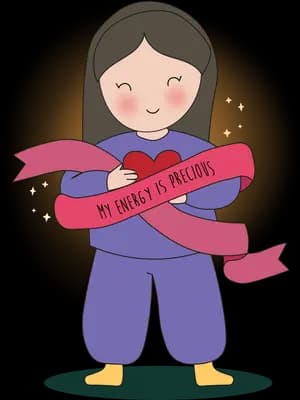 Girl in a blue jumpsuit standing wrapped in a long red ribbon banner