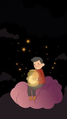 Boy sitting on a purple cloud holding a small light under heavy grey storm clouds