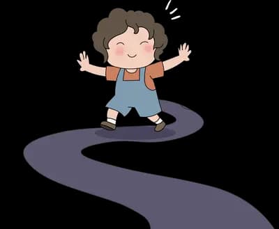 Girl running along a dark winding path carrying a big grey koala plush on her back