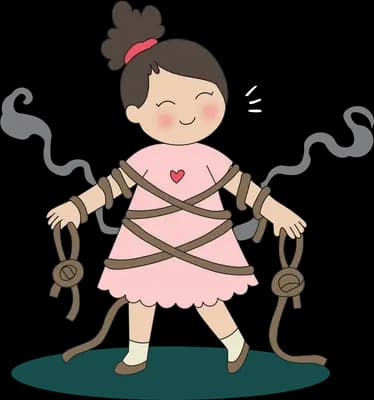Small girl in a pink dress standing tangled in dark cords on a mostly empty field