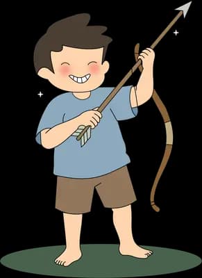 Boy drawing back a bow with an arrow aimed upward