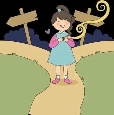 Girl standing at a fork in a dirt road between two wooden signposts
