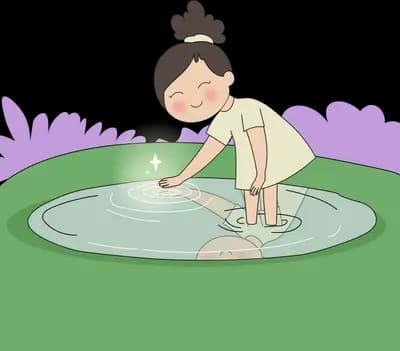 Woman wading into a round green pond and reaching for a small glowing light in the water
