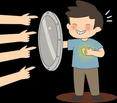 Boy holding up a metal shield against three pointing fingers