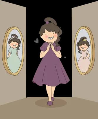 Girl in a purple dress standing between two oval mirrors showing different reflections of herself