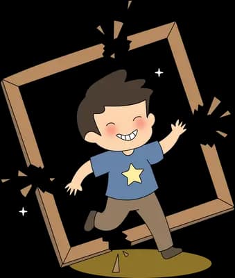 Boy bursting out through a wooden picture frame, breaking its edges